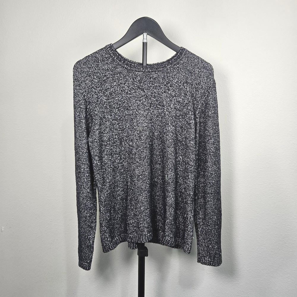 Talbots Petites Sweater Womens Medium Black White Marled Knit Crew Neck Classic